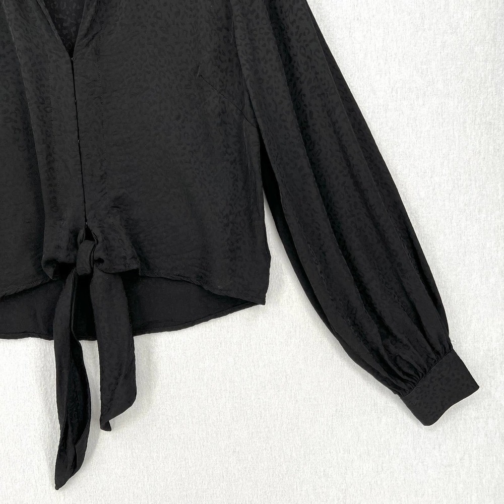 GOOD AMERICAN Leopard Jacquard Tie Front Top Womens Medium 2 Black Long Sleeve - Picture 4 of 16